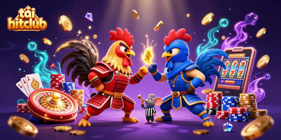 Experience the thrill of tải hitclub with 3D fighting roosters in a vibrant casino scene.