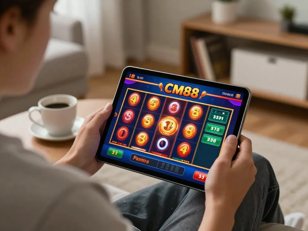 Engaged player exploring CM88 casino games on tablet in cozy living room setting.