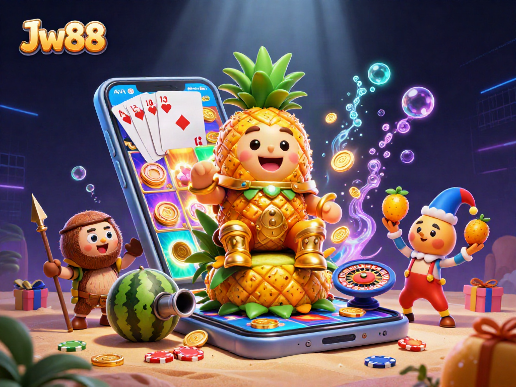 Experience thrilling gameplay at Jw88 with colorful slot reels and dynamic casino action in this vibrant illustration.