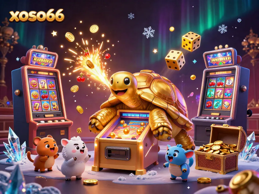 Experience the excitement of xoso66 with a golden tortoise pinball machine surrounded by vibrant gaming elements.
