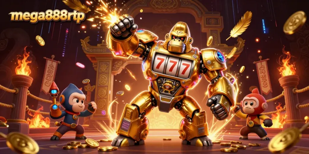 Join the mega888rtp action with a golden gorilla mech and vibrant casino-themed elements!