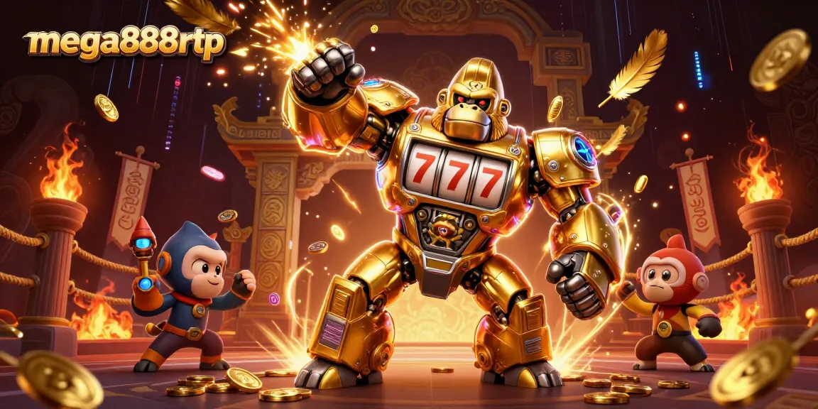 Join the mega888rtp action with a golden gorilla mech and vibrant casino-themed elements!