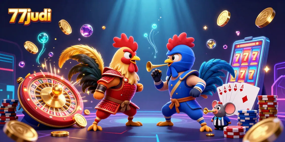 Engage with thrilling gameplay at 77judi featuring fighting roosters in a vibrant casino scene.