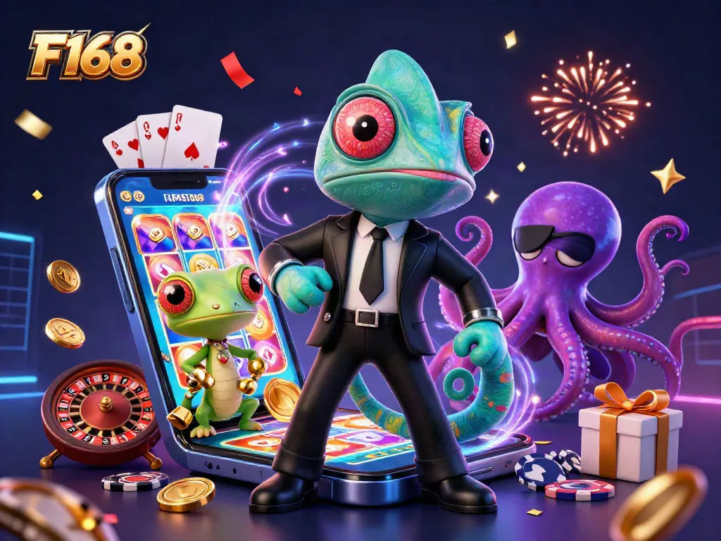 Enhance your gaming experience with F168’s vibrant casino-themed 3D illustration featuring exciting game elements.