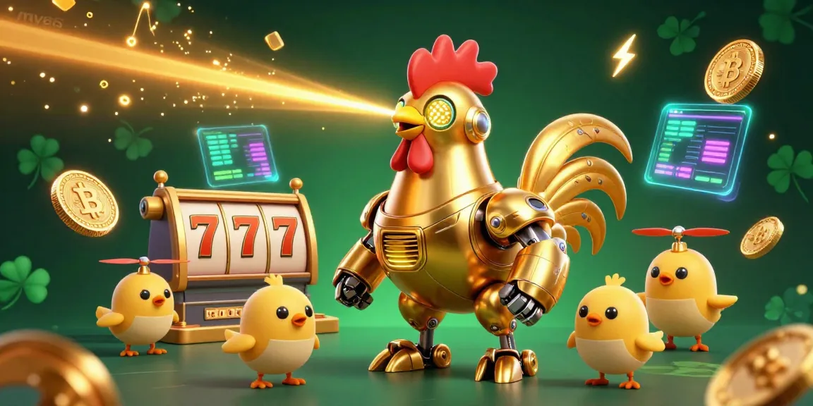 Experience the excitement of mv66 gaming with a vibrant 3D illustration of a golden rooster robot and baby chick drones amidst slot reels.