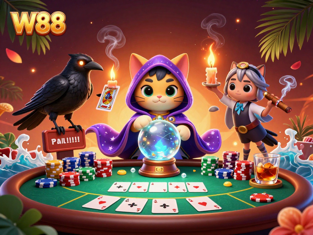 W88 engages players with a mystical gaming scene featuring fortune teller cat, raven, and poker elements.