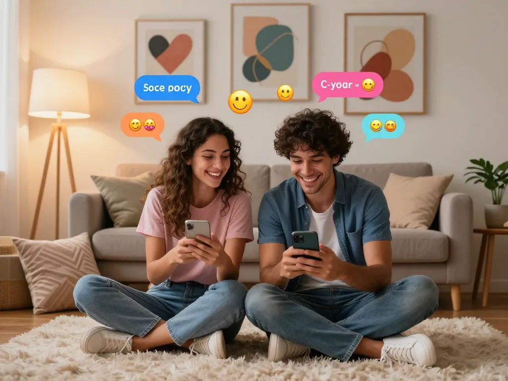 Engaging ai sex chat scene with a couple enjoying playful digital conversations in a cozy living room setting.