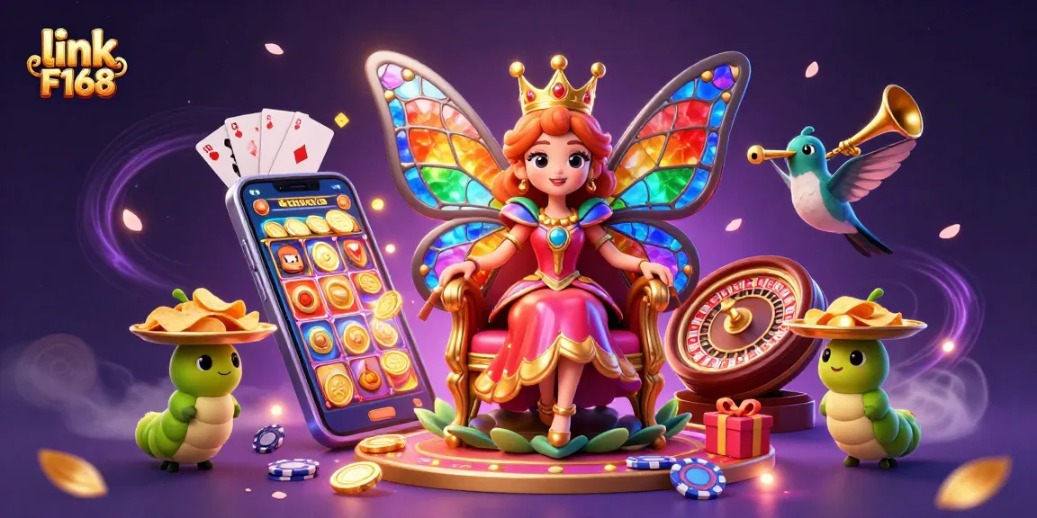 Join the fun with link F168’s vibrant 3D casino scene featuring a butterfly queen and gaming excitement.