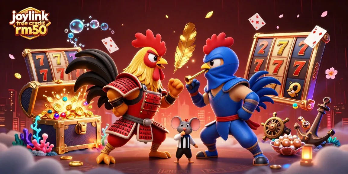 Engage in slots excitement with joylink free credit rm50 showcasing a thrilling rooster duel amid treasure.