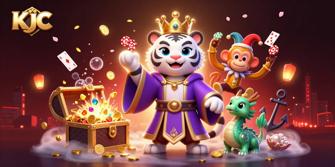 KJC players experience thrilling gameplay with a majestic tiger, a jester monkey, and a jade dragon amidst vibrant casino elements