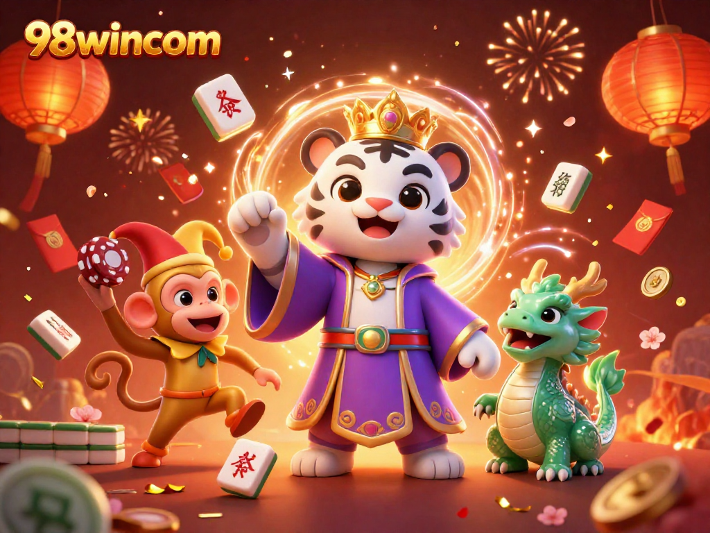 Experience excitement at 98wincom with a stunning 3D casino scene featuring lucky symbols and vibrant colors.