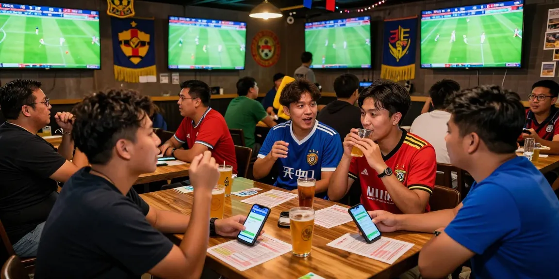 Exciting Football Betting Malaysia scene with fans engaging in live betting activities at a sports bar.