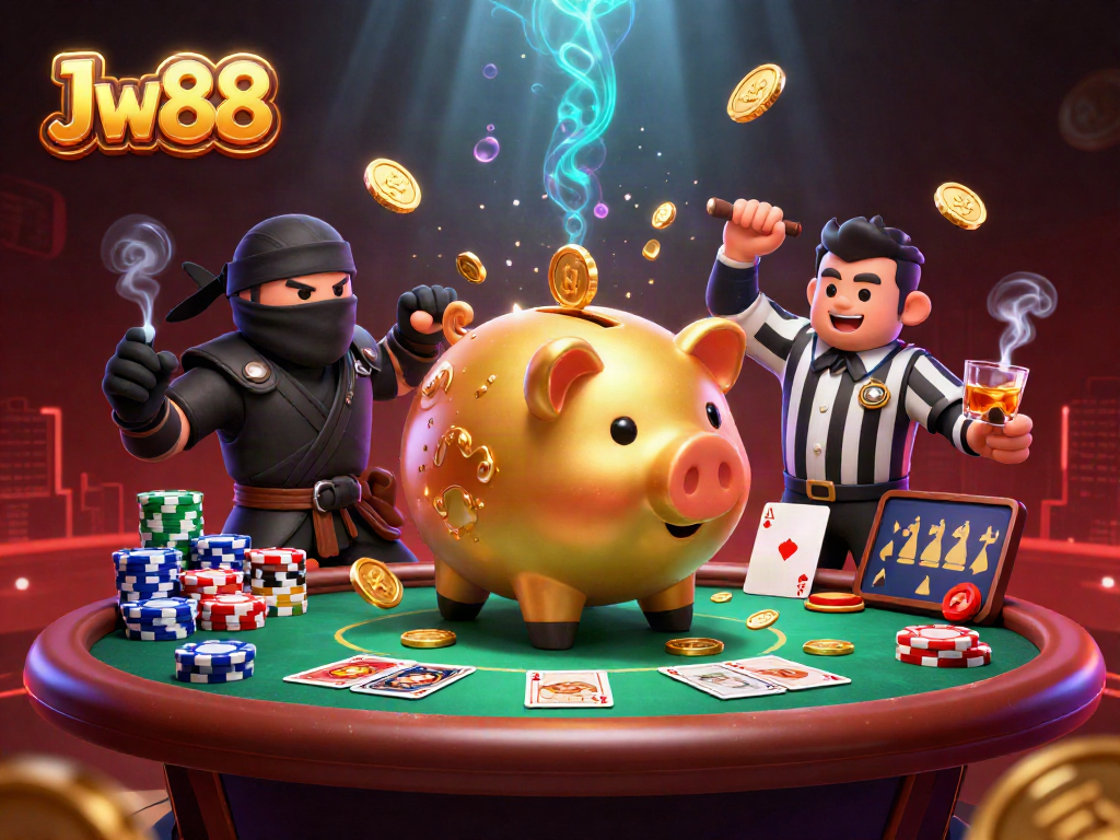 Win big with Jw88 at a vibrant casino scene featuring gaming characters and classic elements.