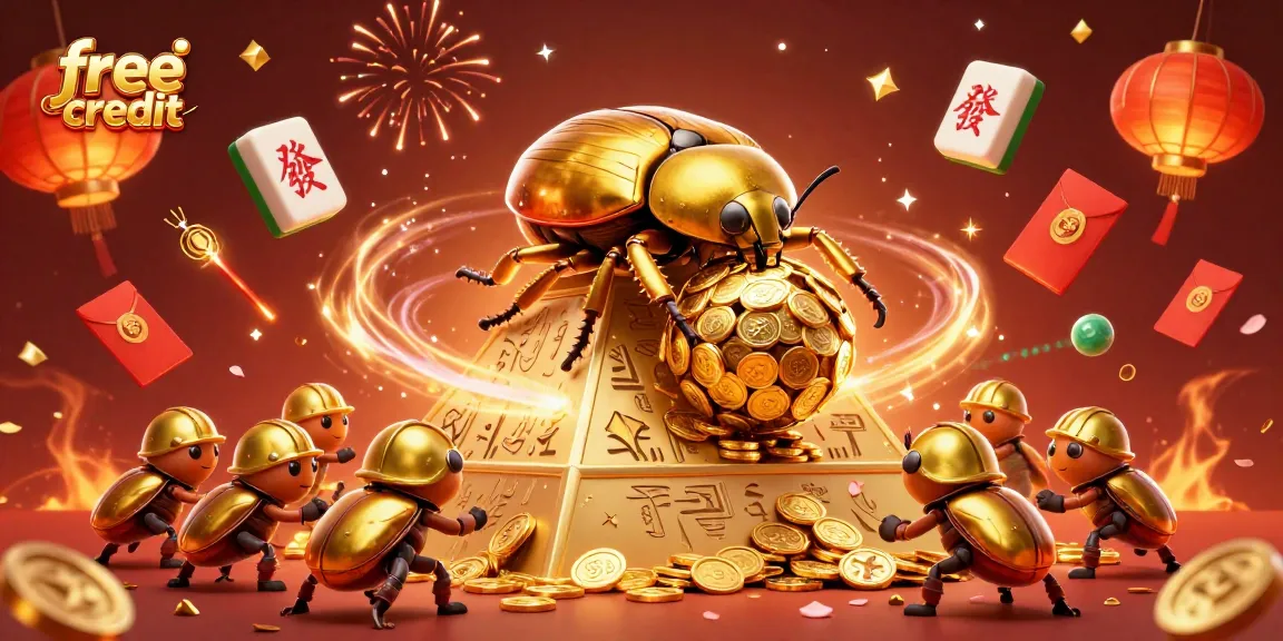 Experience thrilling free credit slots as a golden beetle rolls coins in a spirited casino scene.